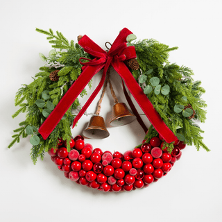 Green Red Botanical Wreath with Bow Detail - Joy By