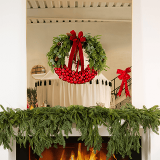 Green Red Botanical Wreath with Bow Detail - Joy By
