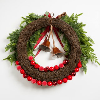 Green Red Botanical Wreath with Bow Detail - Joy By