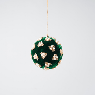 Green Velvet Ball Ornament with Flower Pearl Rhinestones - Joy By