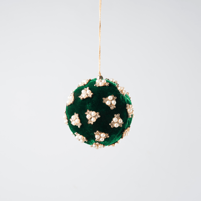 Green Velvet Ball Ornament with Flower Pearl Rhinestones