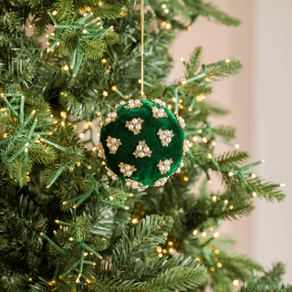 Green Velvet Ball Ornament with Flower Pearl Rhinestones - Joy By
