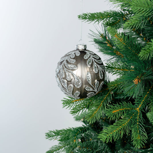 Grey Glass Ball Ornament with Silver Glitter Paisley Print - Joy By