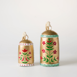 Hand-Painted Metal Bells (Set of 2) with Cream Velvet Ribbon - Joy By