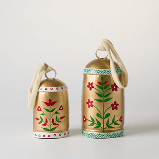 Hand-Painted Metal Bells (Set of 2) with Cream Velvet Ribbon - Joy By