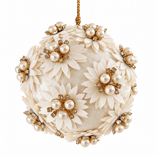 Ivory Pearl Flower Rhinestone Velvet 4" Ball Ornament - Joy By