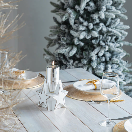 LED 6" Silver Glass Pillar with Glazed Porcelain Star Base - Joy By