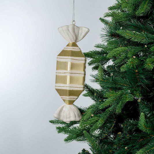 Matte White & Bright Champagne 12" Round Toffee Ornament - Joy By