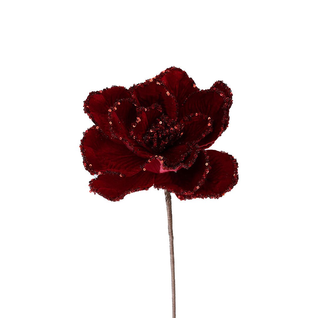 Metallic Red Velvet Magnolia Flower Pick - Joy By