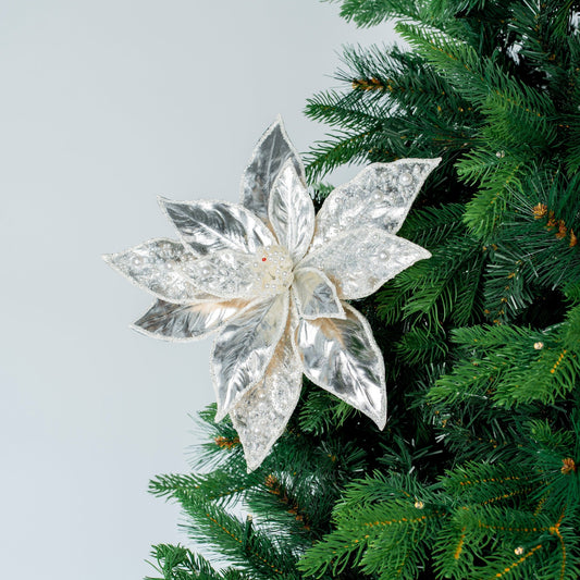 Metallic Silver Poinsettia Pick - Joy By