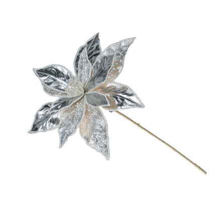 Metallic Silver Poinsettia Pick - Joy By