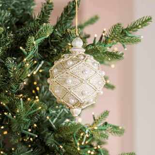 Natural Jute Embroidered Net Ornament with Pearl Detail - Joy By