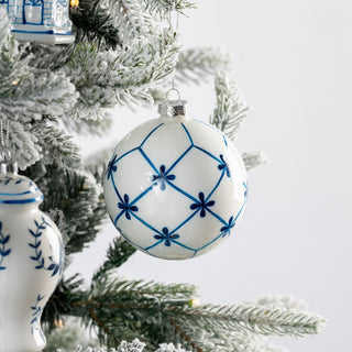 Navy Blue And White Lattice Glass Ball Ornament - Joy By
