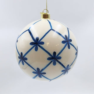 Navy Blue And White Lattice Glass Ball Ornament - Joy By
