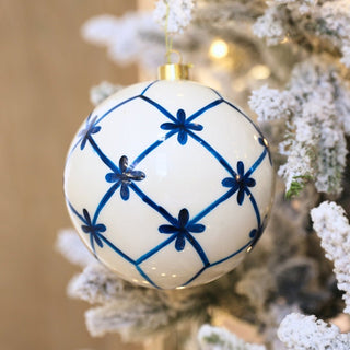 Navy Blue And White Lattice Glass Ball Ornament - Joy By