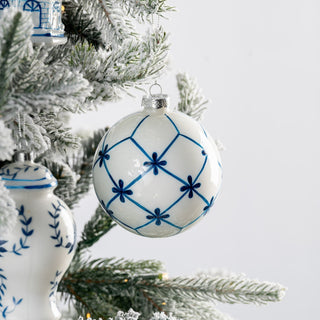 Navy Blue And White Lattice Glass Ball Ornament - Joy By