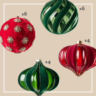 The Red & Green Ornament Set: 20 ornaments, with the quantity of each