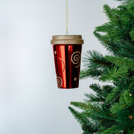Red & Champagne Glitter Coffee Cup Ornament - Joy By