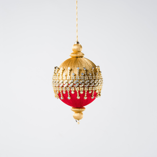 Red Embellished Round Ornament with Gold Thread Detail - Joy By