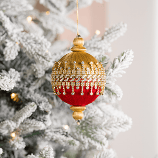 Red Embellished Round Ornament with Gold Thread Detail - Joy By