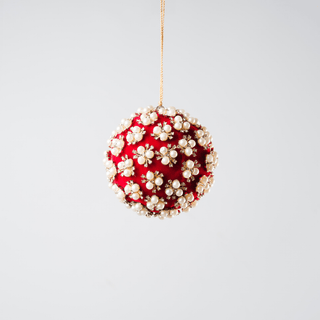 Red Pearl & Rhinestone Velvet Ornament 4" - Joy By