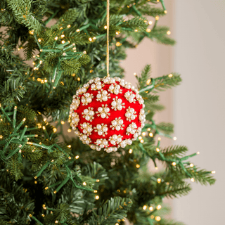 Red Pearl & Rhinestone Velvet Ornament 4" - Joy By