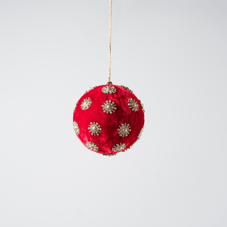 Red Sunflower Rhinestone Velvet 4" Ball Ornament - Joy By