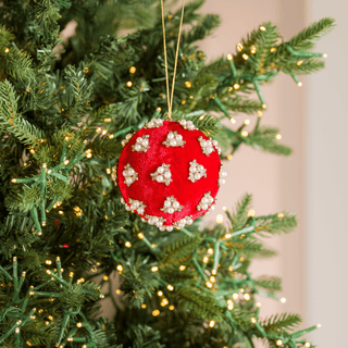 Red Velvet Ball Ornament with Flower Pearl Rhinestones - Joy By
