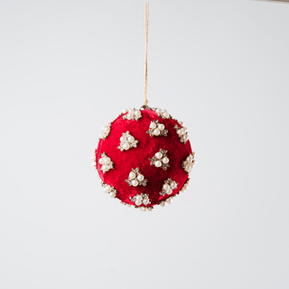 Red Velvet Ball Ornament with Flower Pearl Rhinestones - Joy By