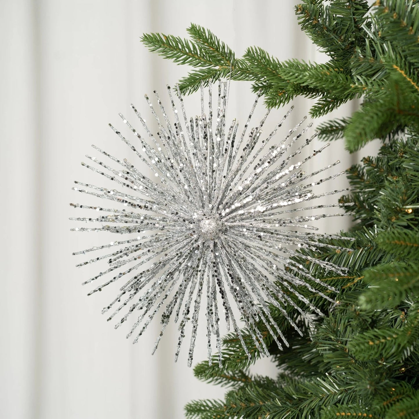 Silver Starburst Ornament With Silver Glitter - Joy By