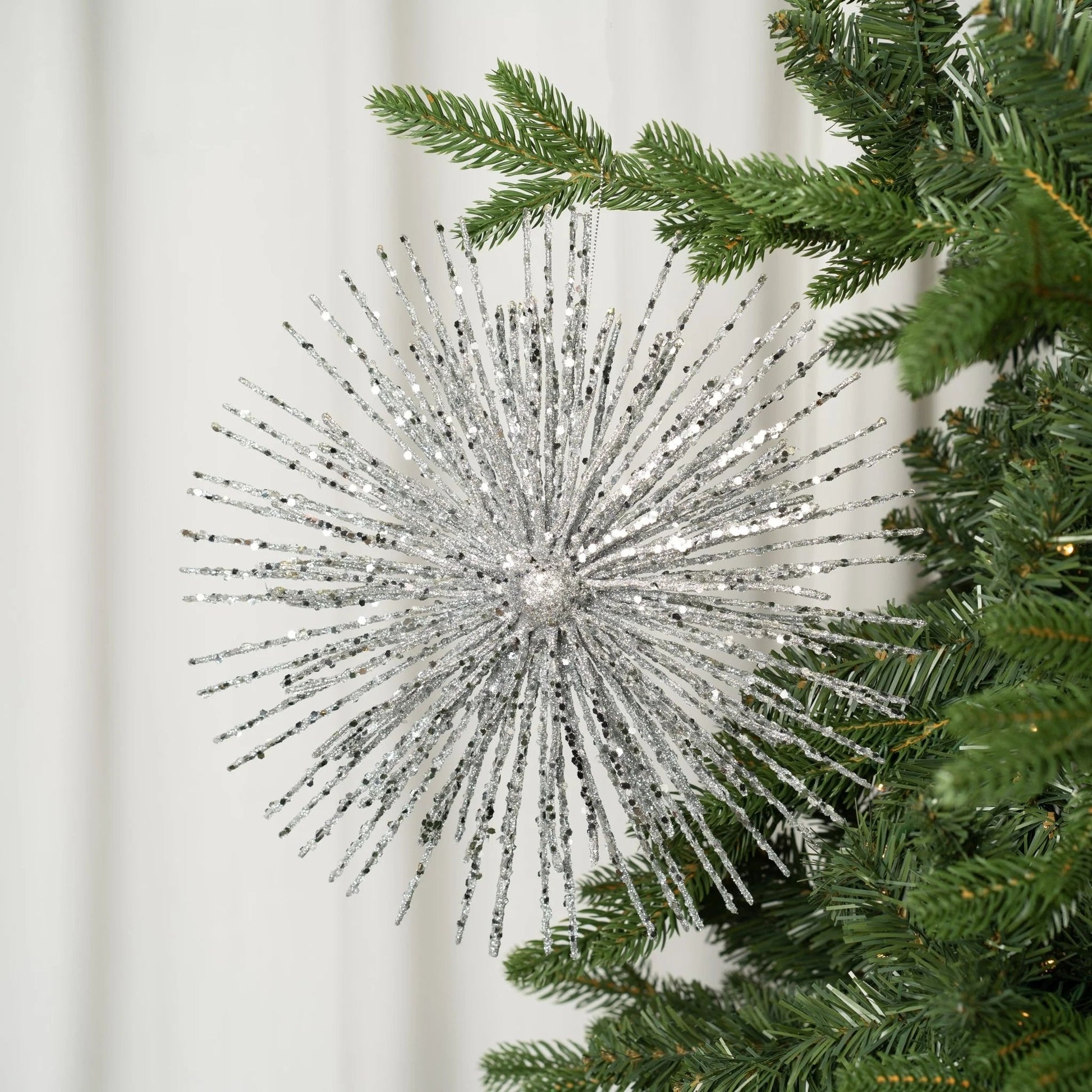 Silver Starburst Ornament With Silver Glitter - Joy By