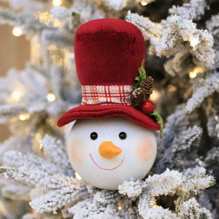 Snowman Head Ornament With Burgundy Holly Hat - Joy By