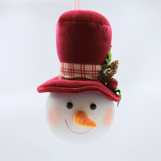 Snowman Head Ornament With Burgundy Holly Hat - Joy By