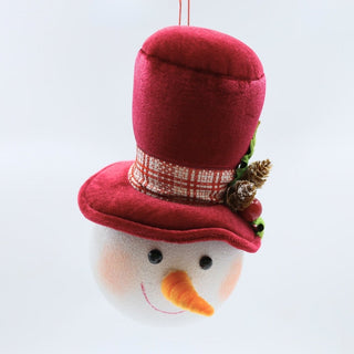 Snowman Head Ornament With Burgundy Holly Hat - Joy By