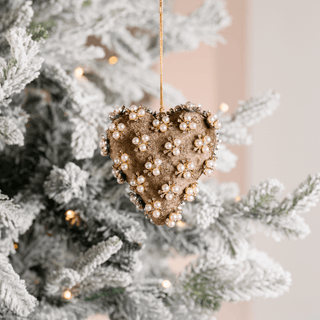 Taupe Pearl & Rhinestone Velvet Heart Ornament 5" - Joy By