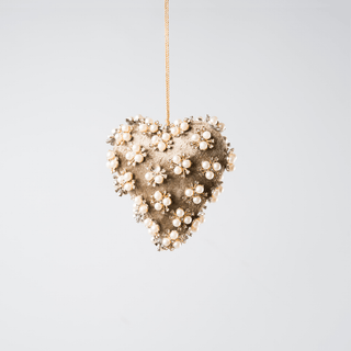 Taupe Pearl & Rhinestone Velvet Heart Ornament 5" - Joy By