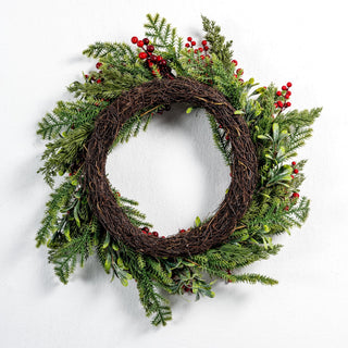 Traditional Christmas pine wreath with red berry & mistletoe - Joy By