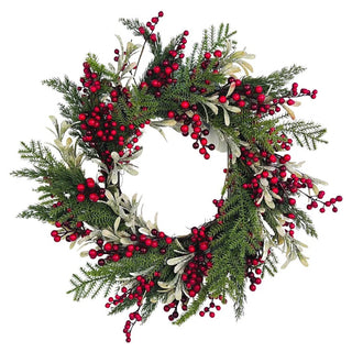 Traditional Christmas pine wreath with red berry & mistletoe - Joy By