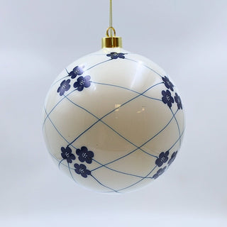 White and Blue Floral Ball Ornament - Joy By