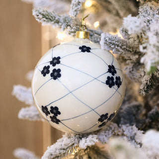 White and Blue Floral Ball Ornament - Joy By
