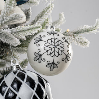 White Ball Ornament with Black Glitter Floral Detail - Joy By