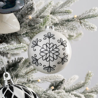 White Ball Ornament with Black Glitter Floral Detail - Joy By