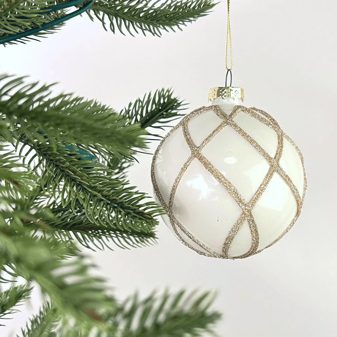 White Ball Ornament with Gold Glitter Lattice - Joy By