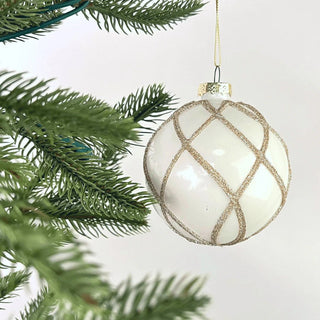 White Ball Ornament with Gold Glitter Lattice - Joy By