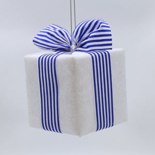 White Gift - Box Ornament With Striped Blue Ribbon - Joy By