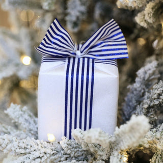 White Gift - Box Ornament With Striped Blue Ribbon - Joy By