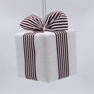 White Gift - Box Ornament With Striped Monochrome Ribbon - Joy By